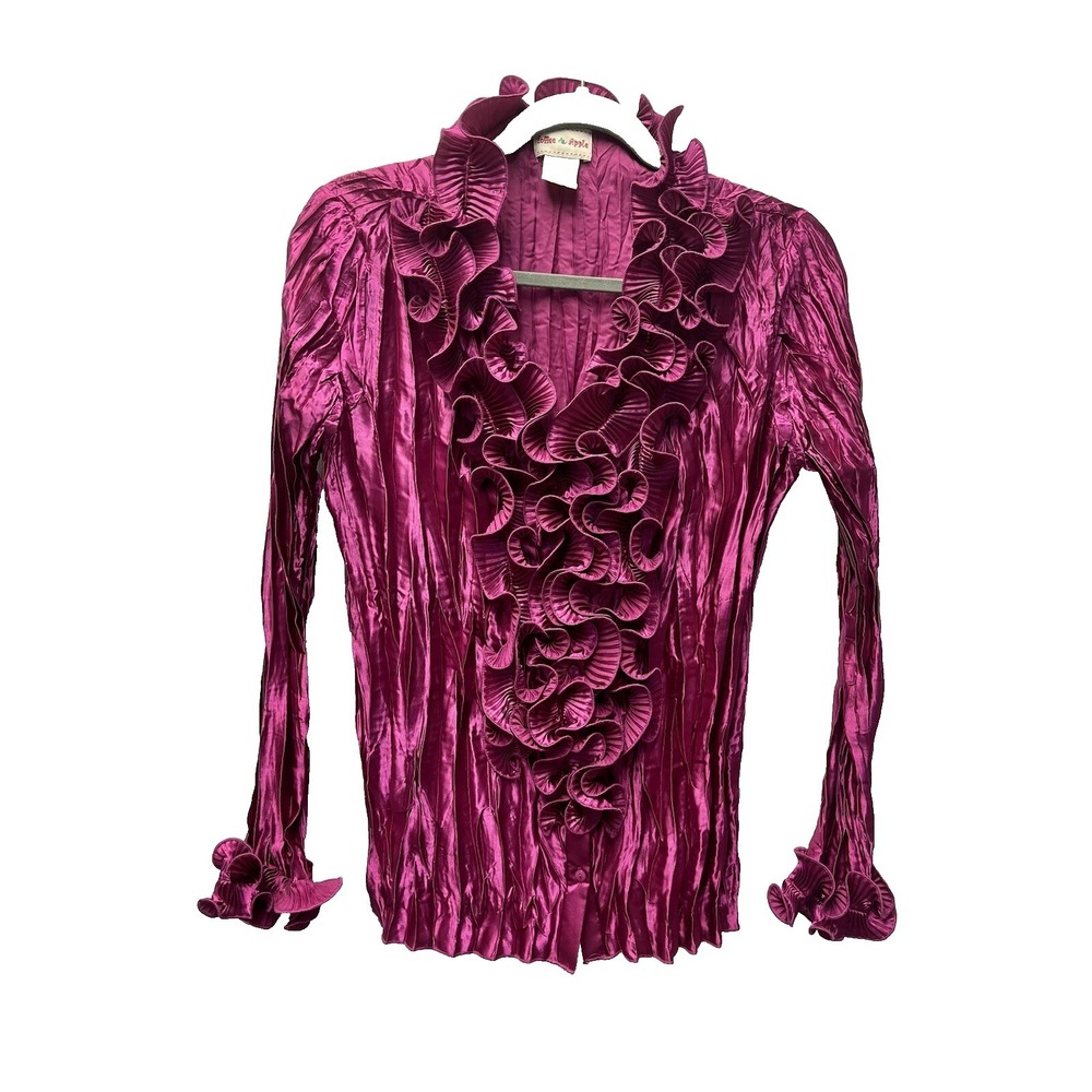 Toffee Apple M Fuchsia Ruffle Blouse Romantic Satin Shiny Crinkle Fairy Artsy